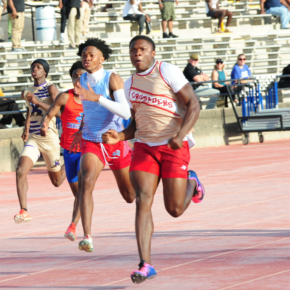 Junior sprinter Easton Royal sprints to the finish of the District 9-5A 100-meter dash, covering the distance in 10.24, his third fastest time of the season